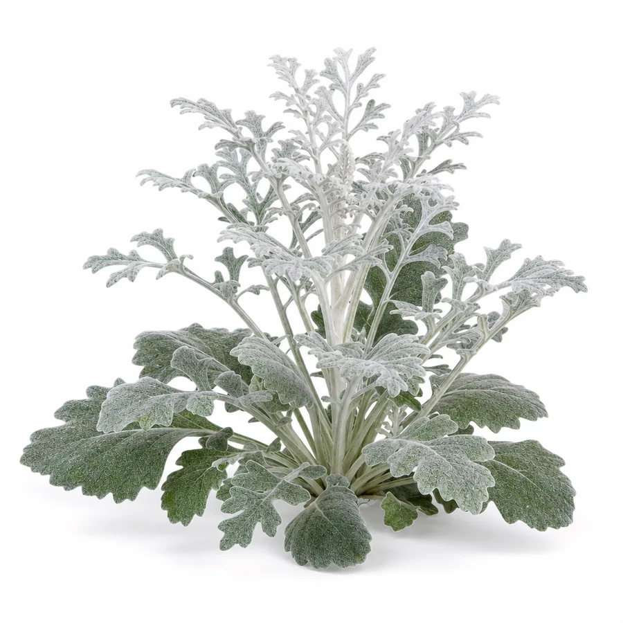 Cineraria (Jacobaea maritima) pe fundal alb