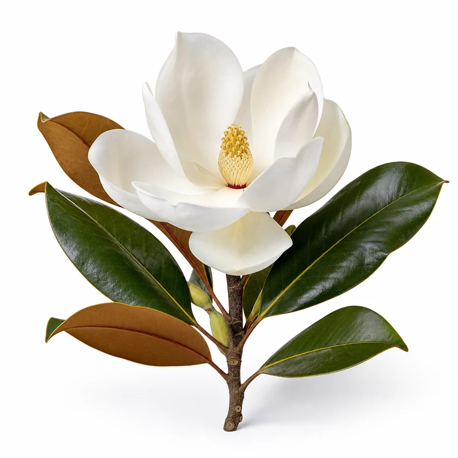 Magnolia (Magnolia grandiflora) pe fundal alb