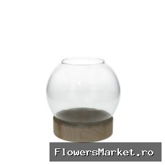 Glas Vaas Bol voet hout d13*16cm
