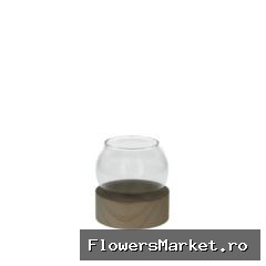 Glas Vaas Bol voet hout d10*12cm